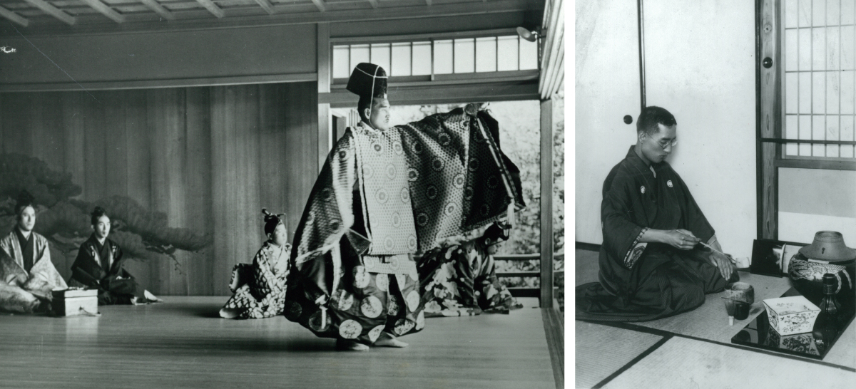 Image (left): Tokushichi performing Noh
Image (right): Practicing the tea ceremony